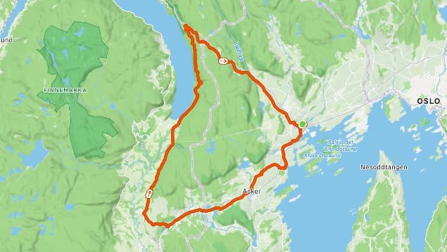 Kart over Bærumsrunden fra Sandvika, slik ruten er tegnet i Strava