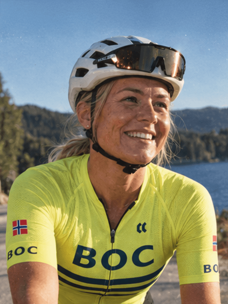 Smilende kvinne med hjelm og gul BOC-drakt ved et vann