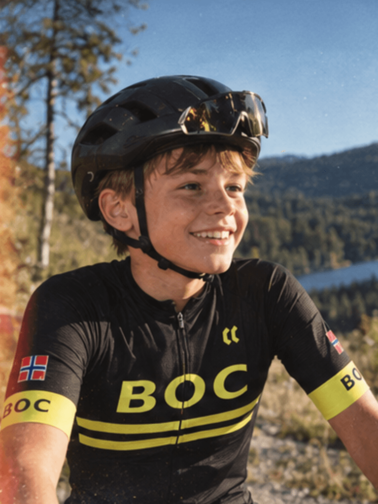Smilende gutt med sykkelhjelm og sort BOC-drakt