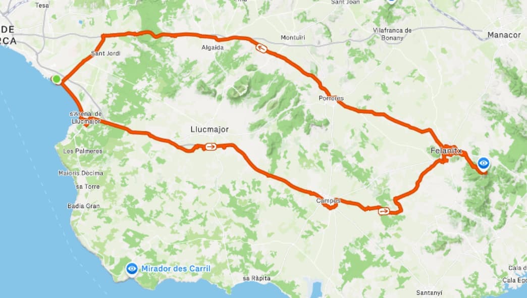 Kart over Sant Salvador på Mallorca, slik ruten er tegnet i Strava
