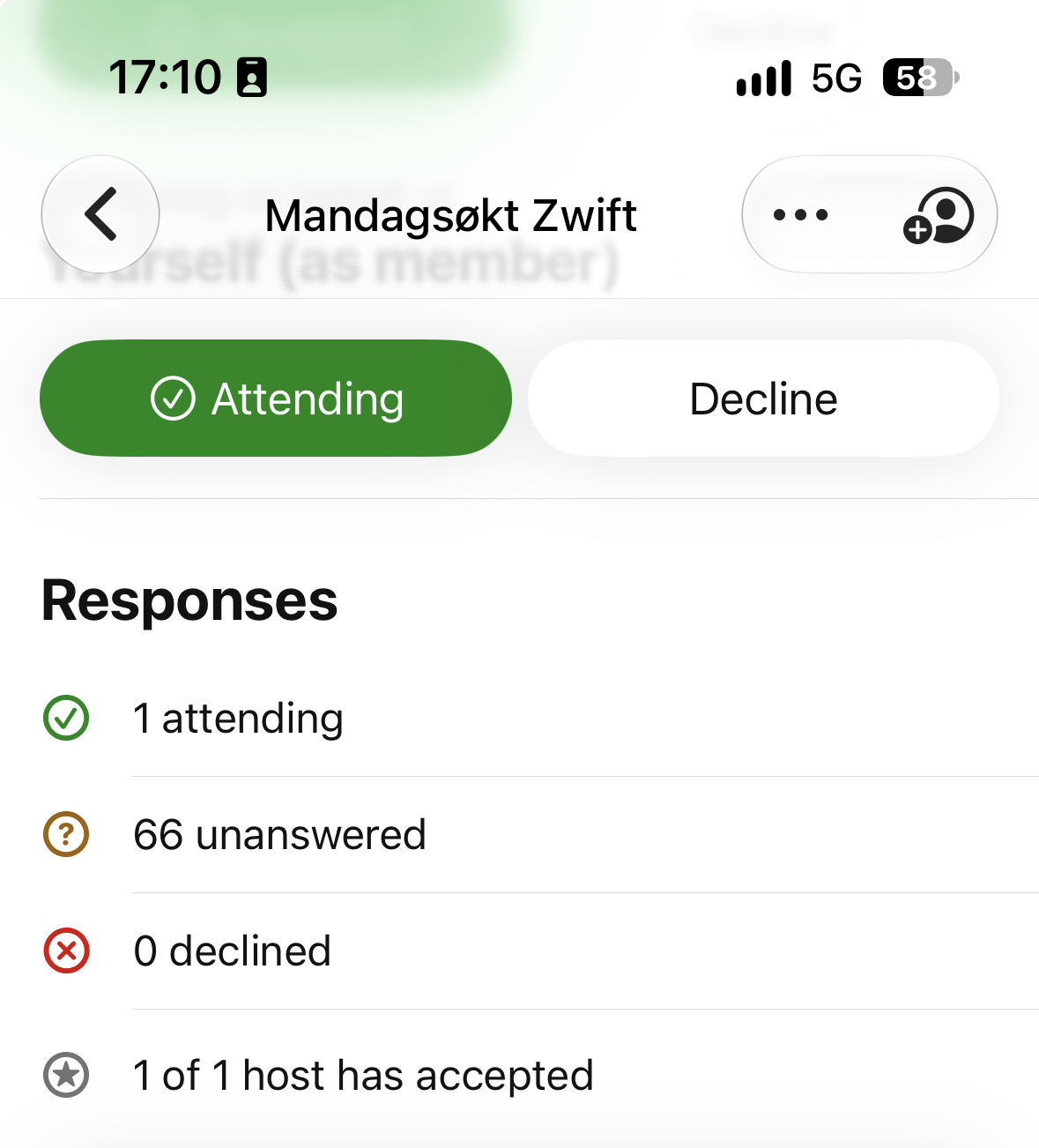 Spond: økta «Mandagsøkt Zwift» med Attending/Decline, og 66 uten svar